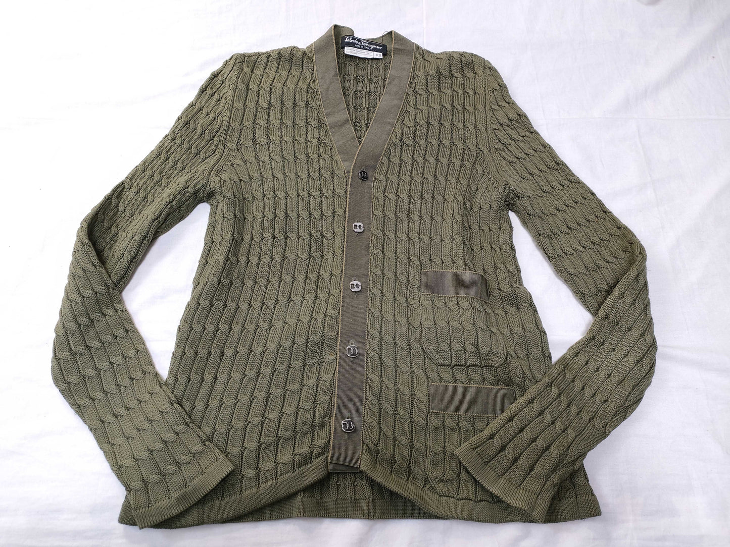 Salvatore Ferragamo Vara Ribbon Cardigan, Khaki, Size XS