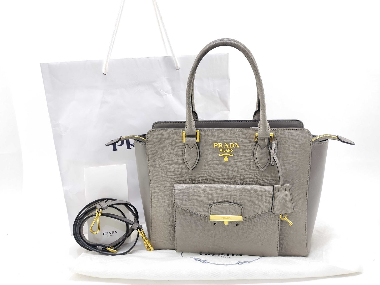 PRADA Saffiano Soft Calf Leather Gray 2-Way Shoulder Bag 