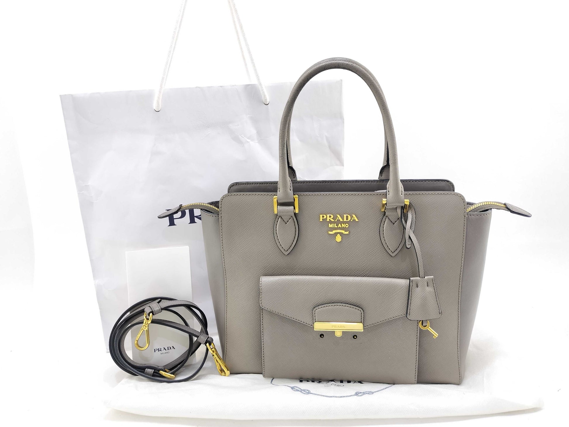 PRADA Saffiano Soft Calf Leather Gray 2-Way Shoulder Bag 