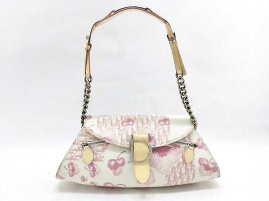 Dior Trotter Chain Shoulder Bag with Floral Print in Beige and Pink Canvas