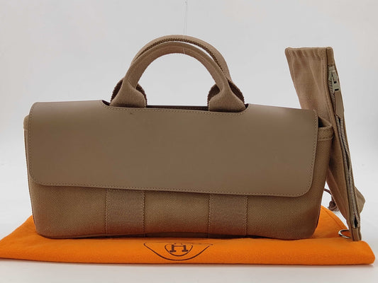 HERMES Valparaiso Long PM Toile Chevron Etoupe Handbag J