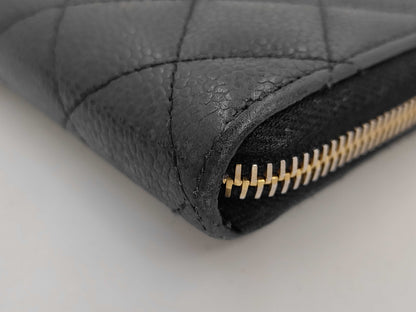 CHANEL Matelasse Caviar Leather Round Zip Wallet in Black with Gold Hardware, 22666637, Card/Stickers