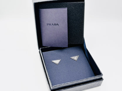 PRADA Prada Triangle Logo Enamel Triangle Plate Earrings, Ag925 Black x Silver