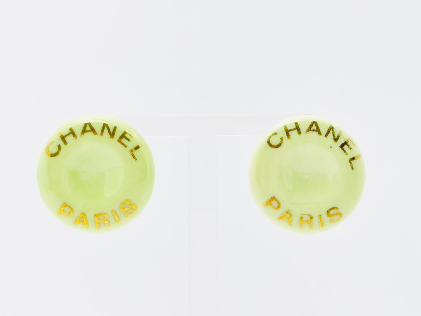 CHANEL Logo Button Round Earrings 97P Green Ceramic Enamel Cloisonne Earrings