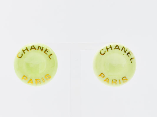 CHANEL Logo Button Round Earrings 97P Green Ceramic Enamel Cloisonne Earrings
