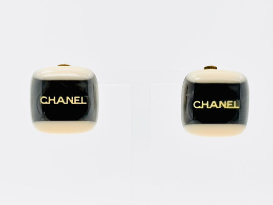 CHANEL Logo Square Earrings 01A Resin Black x Beige Earrings
