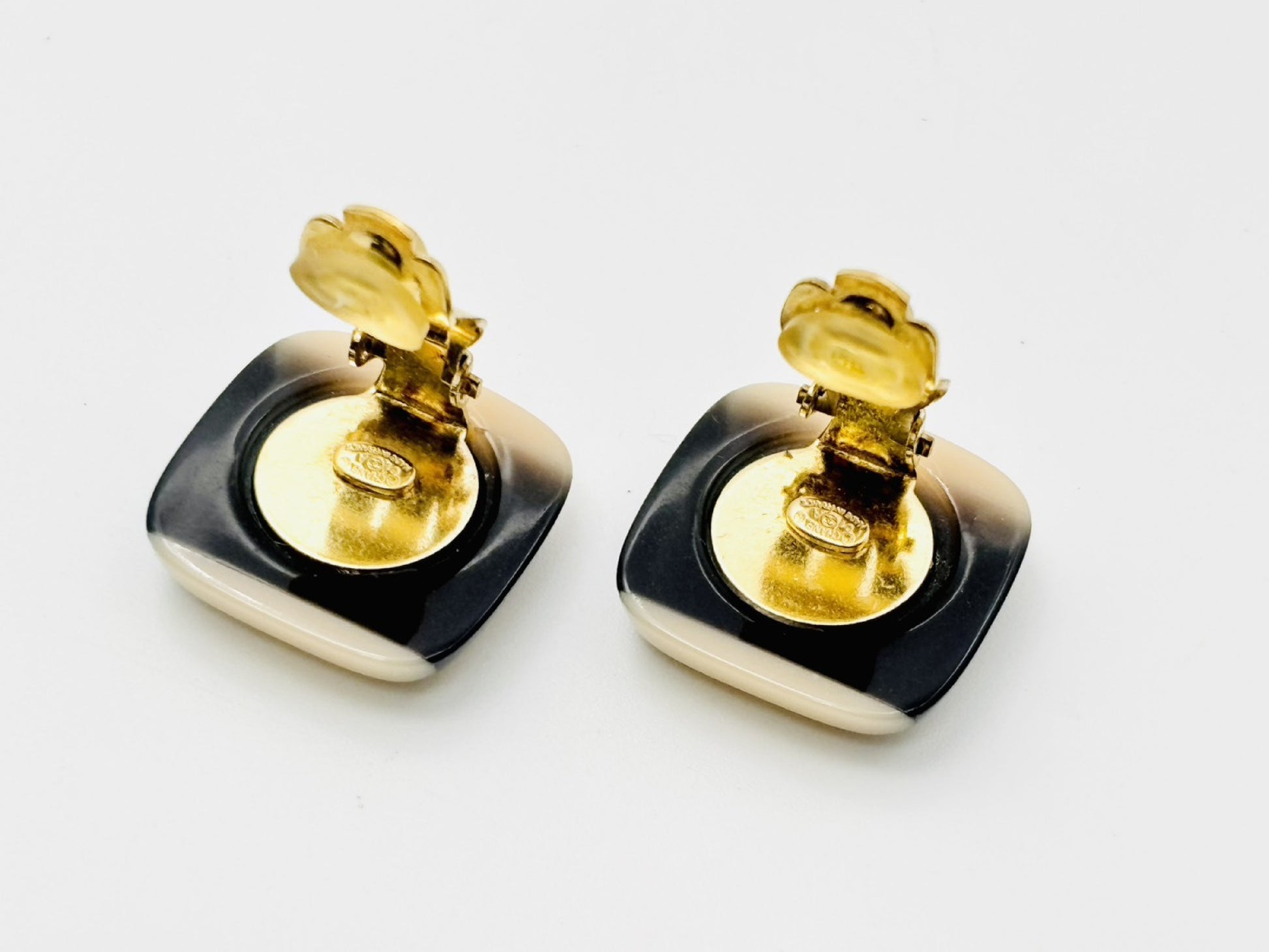 CHANEL Logo Square Earrings 01A Resin Black x Beige Earrings