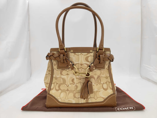 COACH A0726-10789 Optic Signature Pattern Leather Tassel Brown Tote Bag