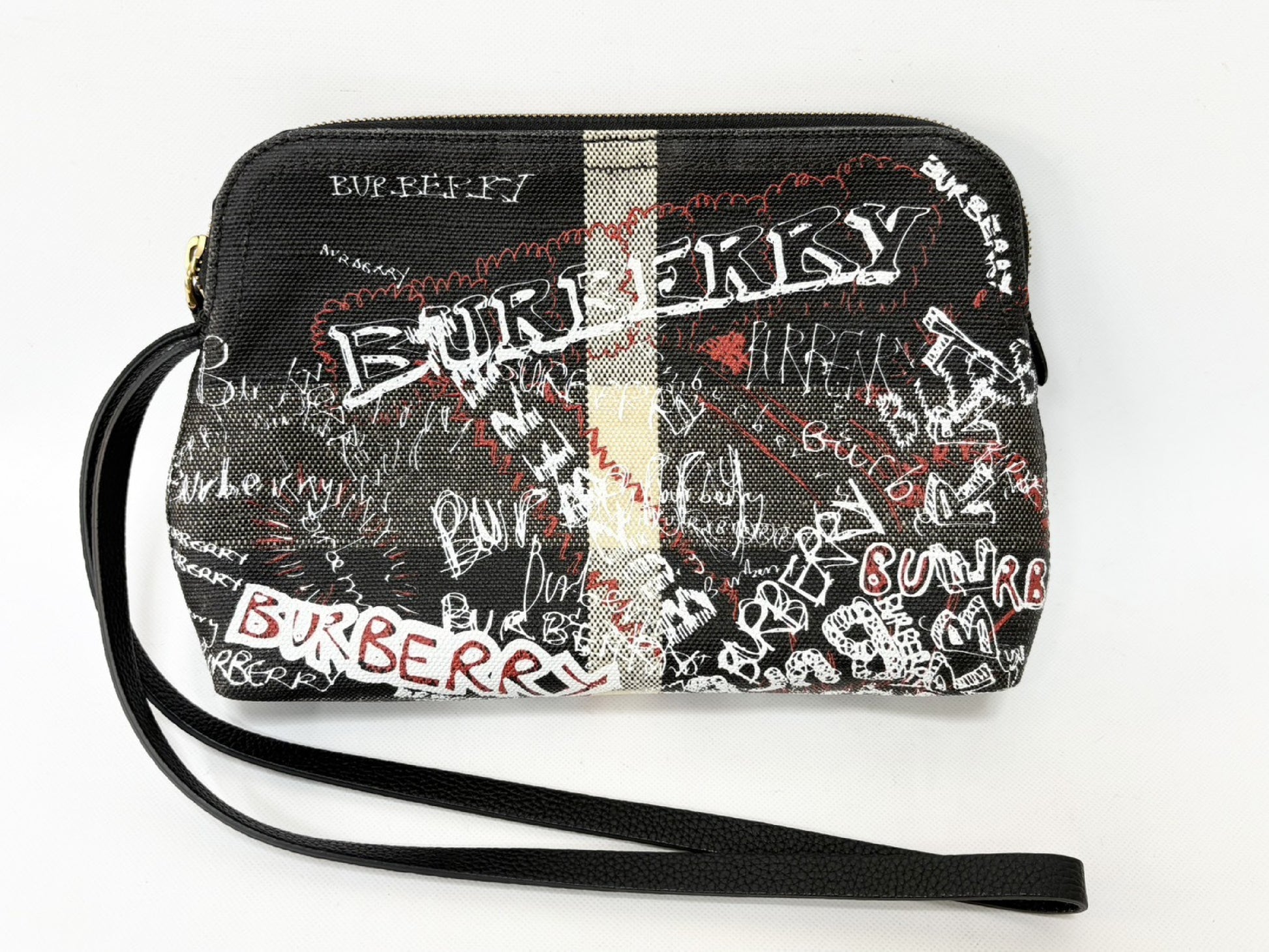 BURBERRY Doodle Graffiti Paint Coated Canvas Pouch Black Clutch Bag