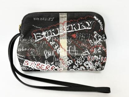 BURBERRY Doodle Graffiti Paint Coated Canvas Pouch Black Clutch Bag