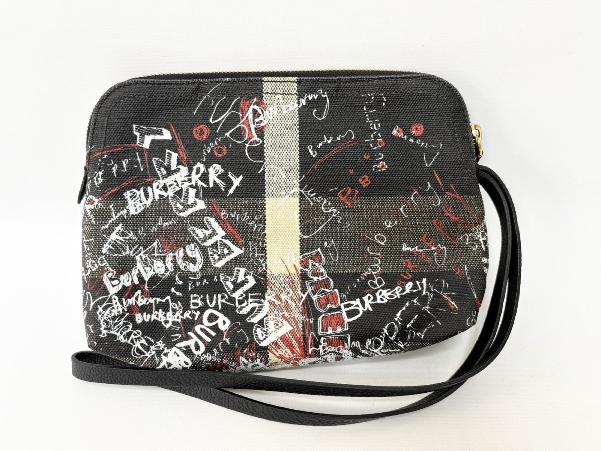 BURBERRY Doodle Graffiti Paint Coated Canvas Pouch Black Clutch Bag