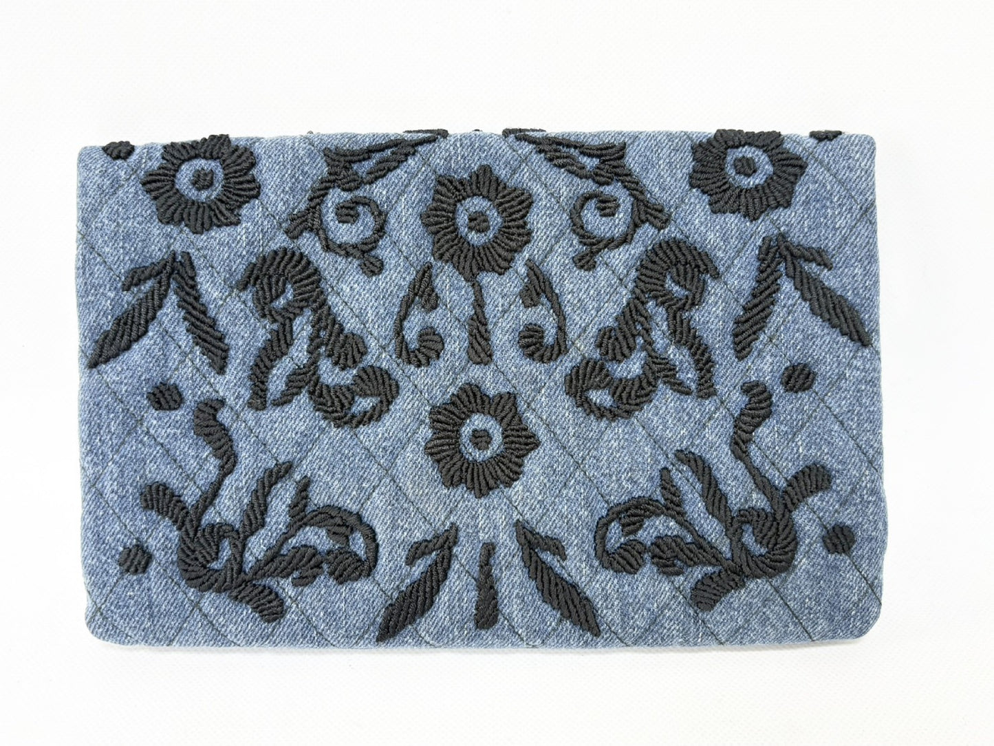 PRADA Prada Cotton Denim Floral Embroidered Quilted Pouch Indigo x Black Clutch Bag