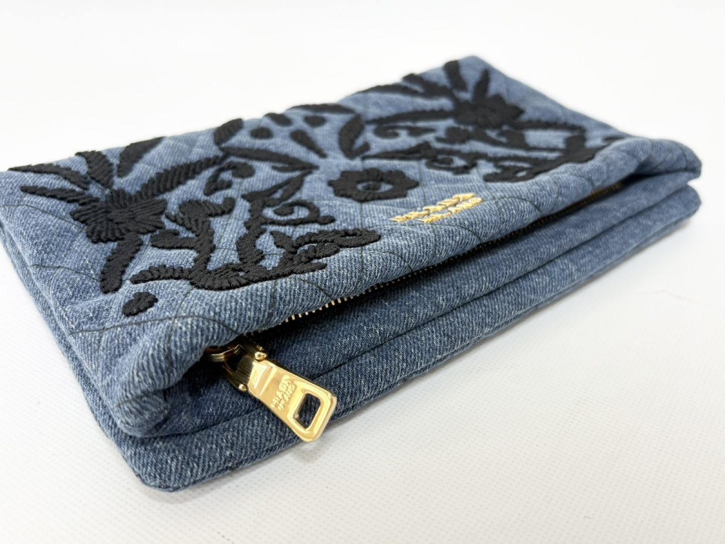 PRADA Prada Cotton Denim Floral Embroidered Quilted Pouch Indigo x Black Clutch Bag