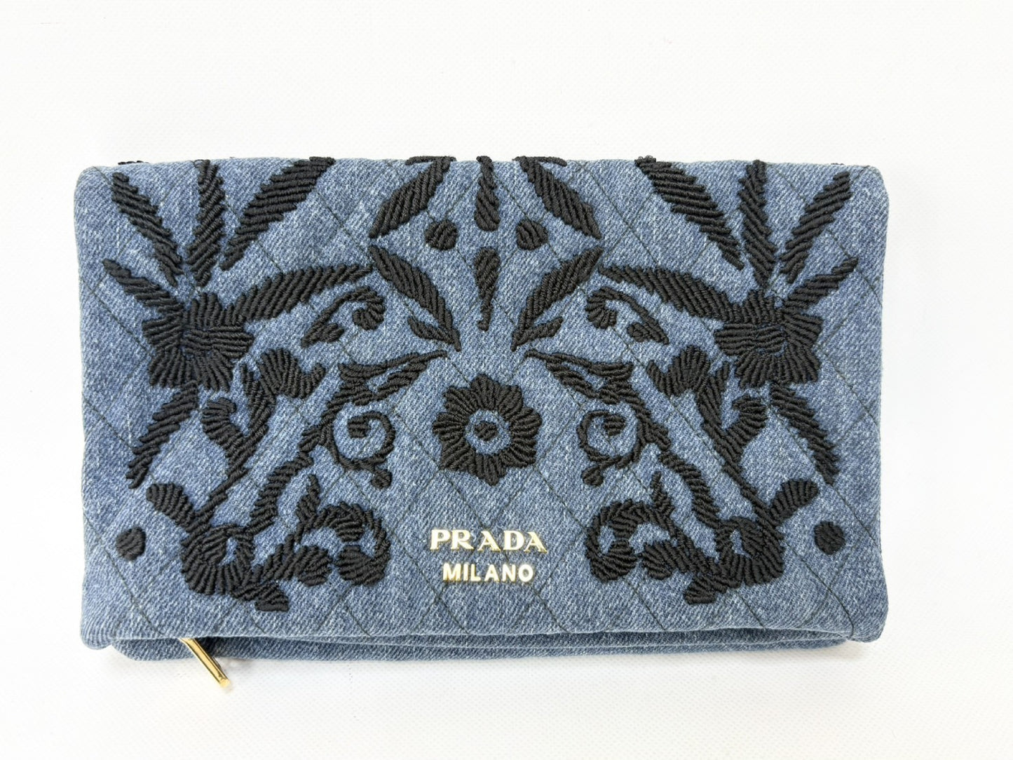 PRADA Prada Cotton Denim Floral Embroidered Quilted Pouch Indigo x Black Clutch Bag