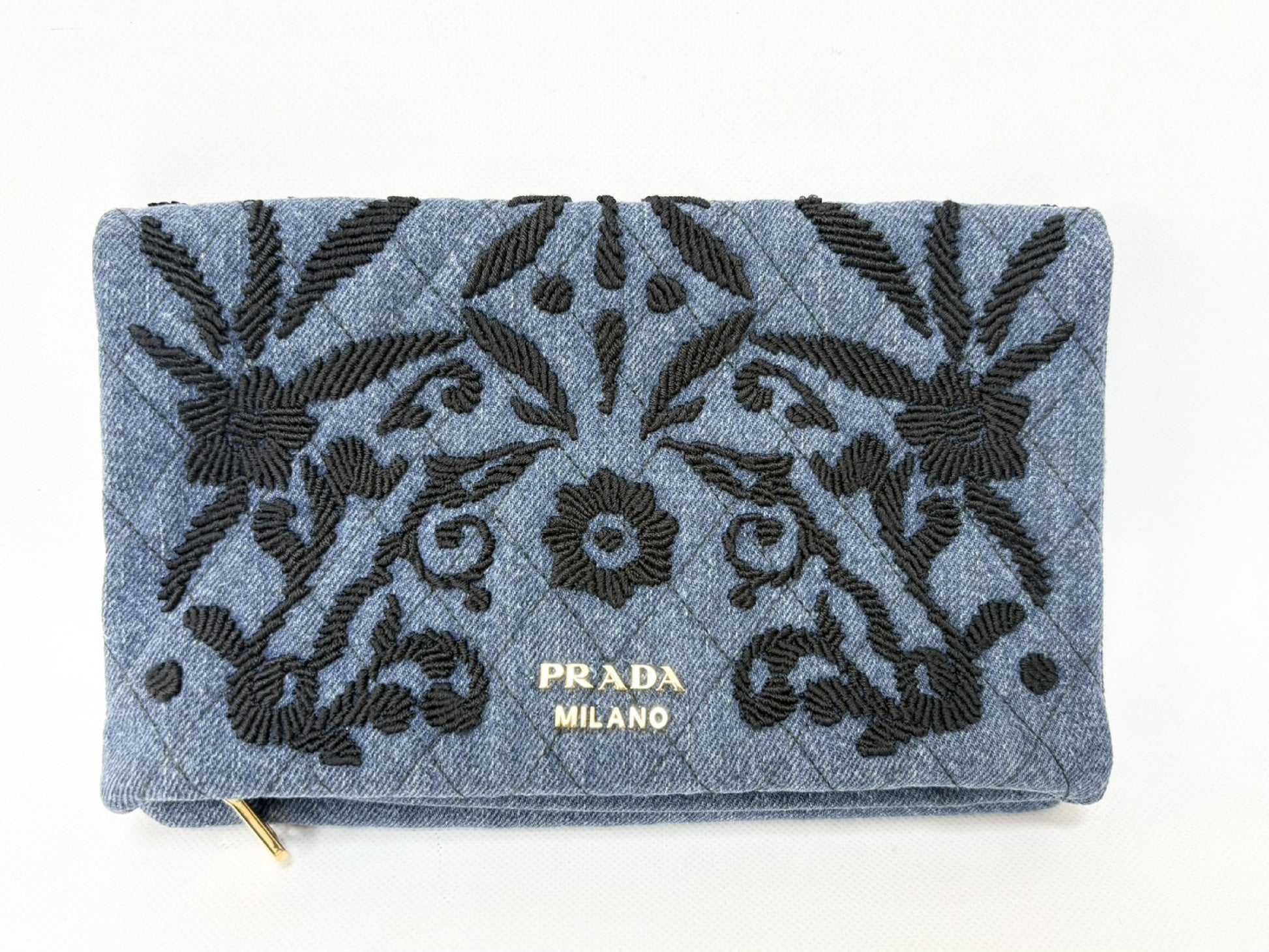 PRADA Prada Cotton Denim Floral Embroidered Quilted Pouch Indigo x Black Clutch Bag