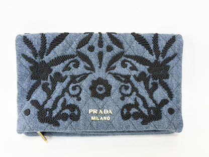 PRADA Prada Cotton Denim Floral Embroidered Quilted Pouch Indigo x Black Clutch Bag