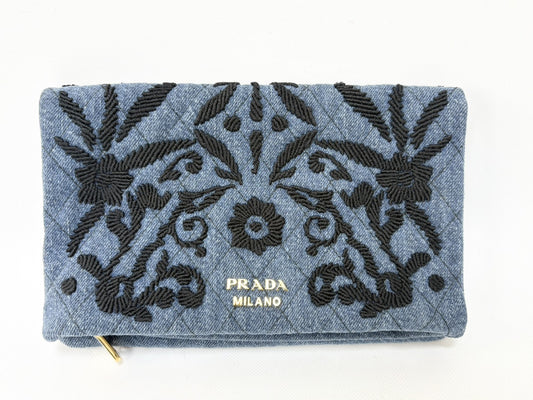 PRADA Prada Cotton Denim Floral Embroidered Quilted Pouch Indigo x Black Clutch Bag