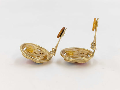 Dior Circle Flower Bijou Color Stone Large Gold Earrings