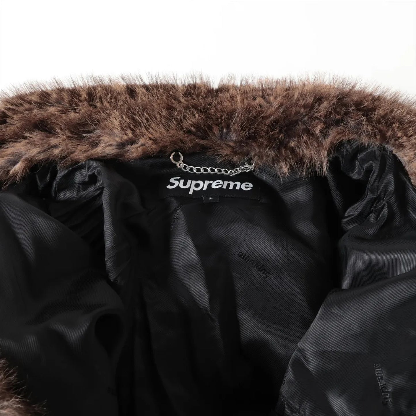 Supreme Polyester Jacket, Size L, Faux Fur Hooded, Full Logo Coat