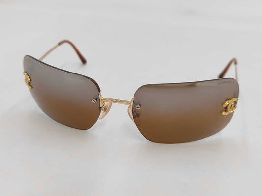  CHANEL Coco Mark Rimless Sunglasses with Rhinestones in Gold and Brown