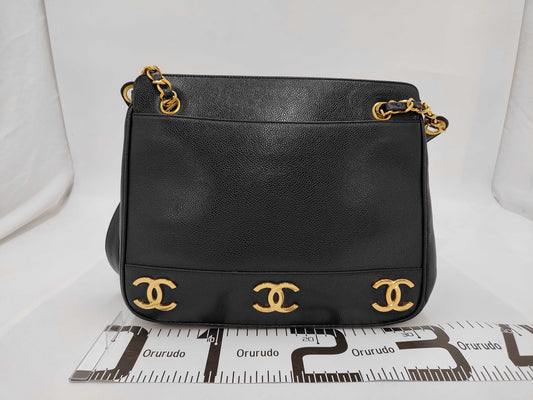 CHANEL Triple Coco Mark Black Caviar Skin Tote Bag with Seal