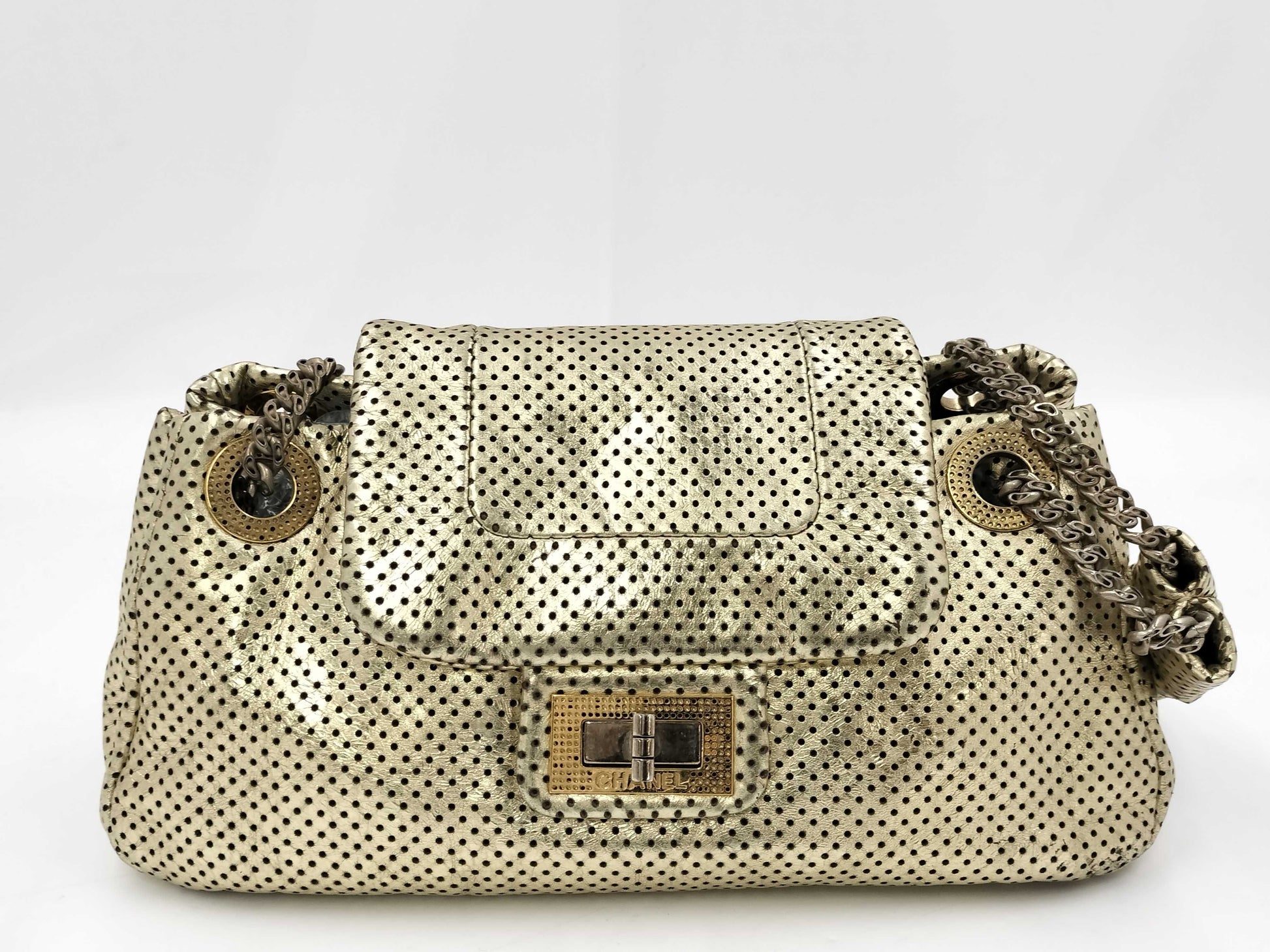 CHANEL 2.55 Chain Shoulder Bag, Perforated Gold, with Seal