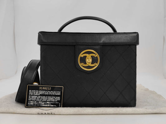 CHANEL Bicolor 2-Way Vanity Shoulder Bag with Studs, Black, with G Card and Sticker