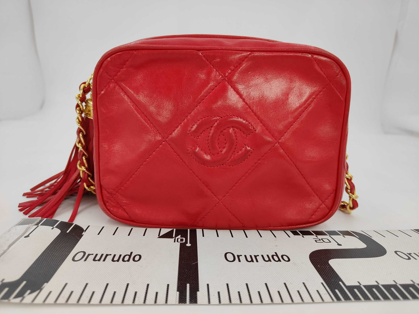 CHANEL Chain Shoulder Bag, Fringe, Lambskin, Red, Sticker Included