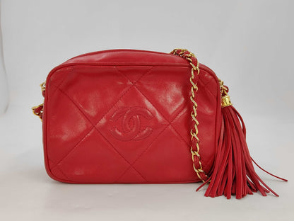 CHANEL Chain Shoulder Bag, Fringe, Lambskin, Red, Sticker Included