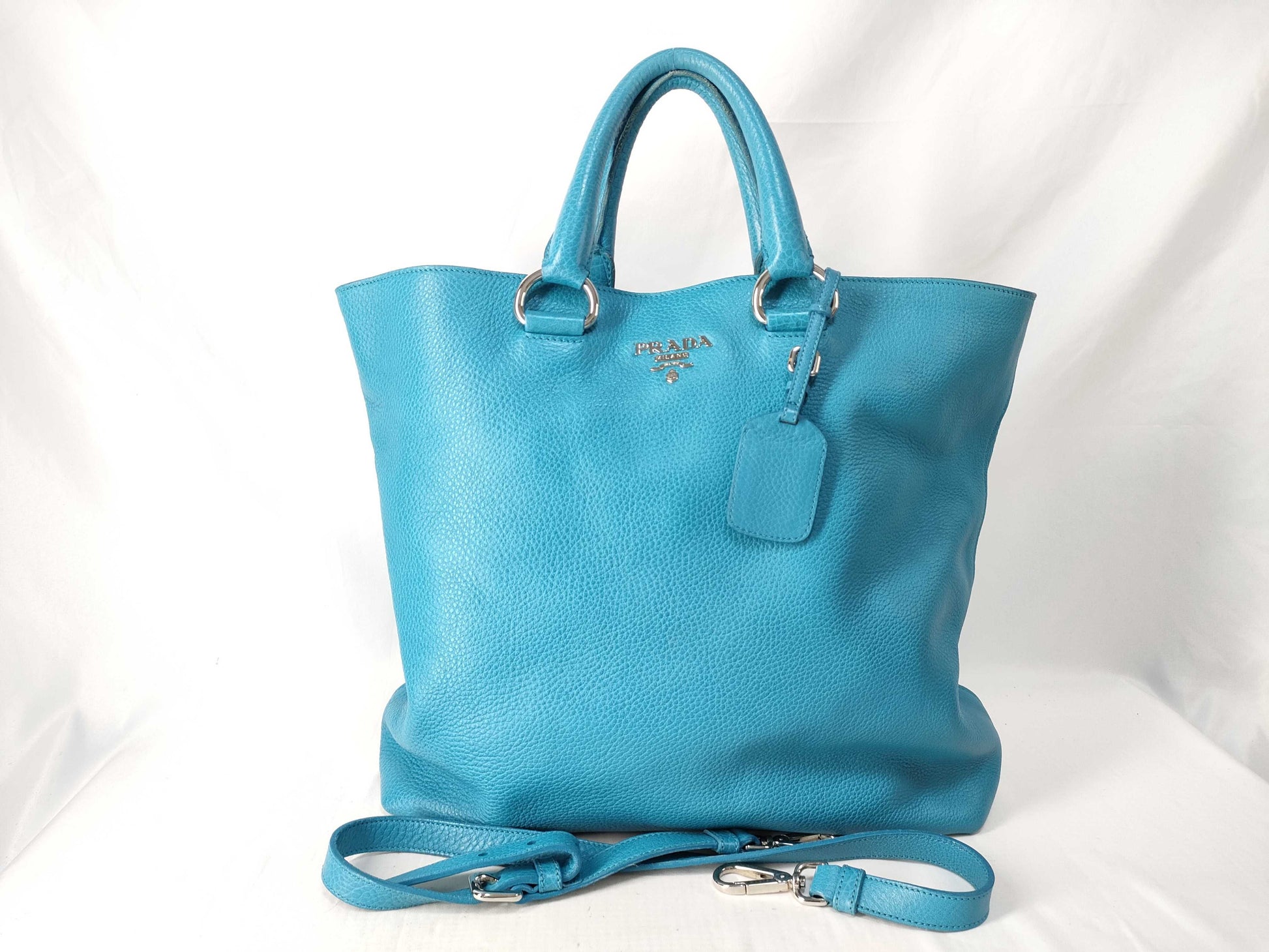 PRADA Prada Leather 2-Way Handbag in Blue with Silver Hardware