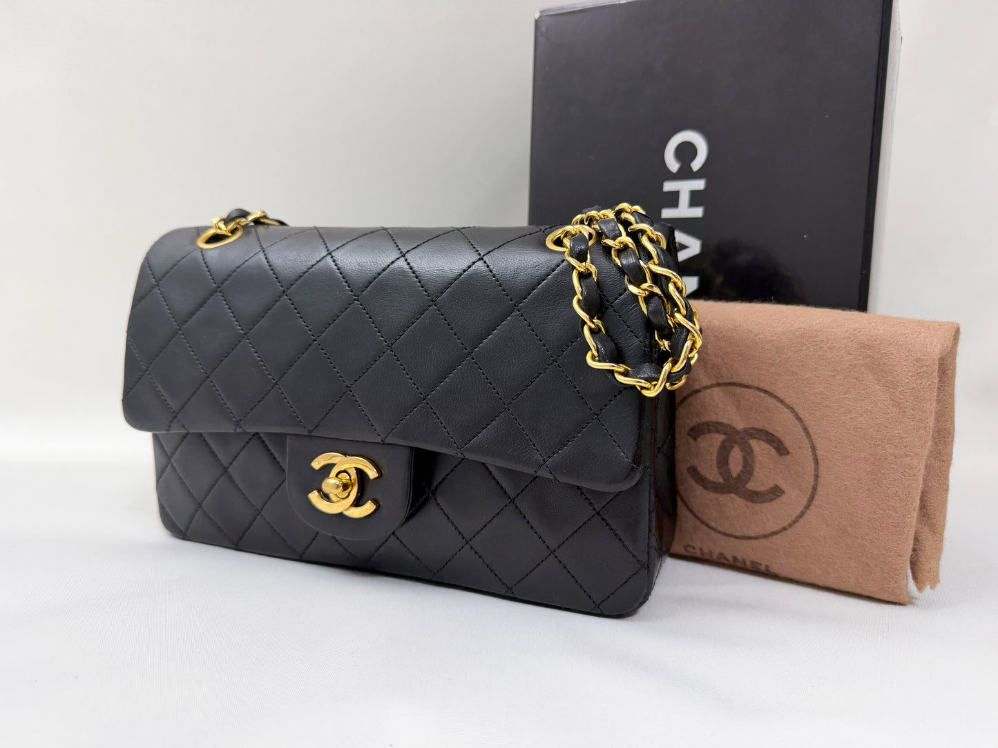 CHANEL Matelasse 23 Lambskin Double Flap Double Chain Black Shoulder Bag