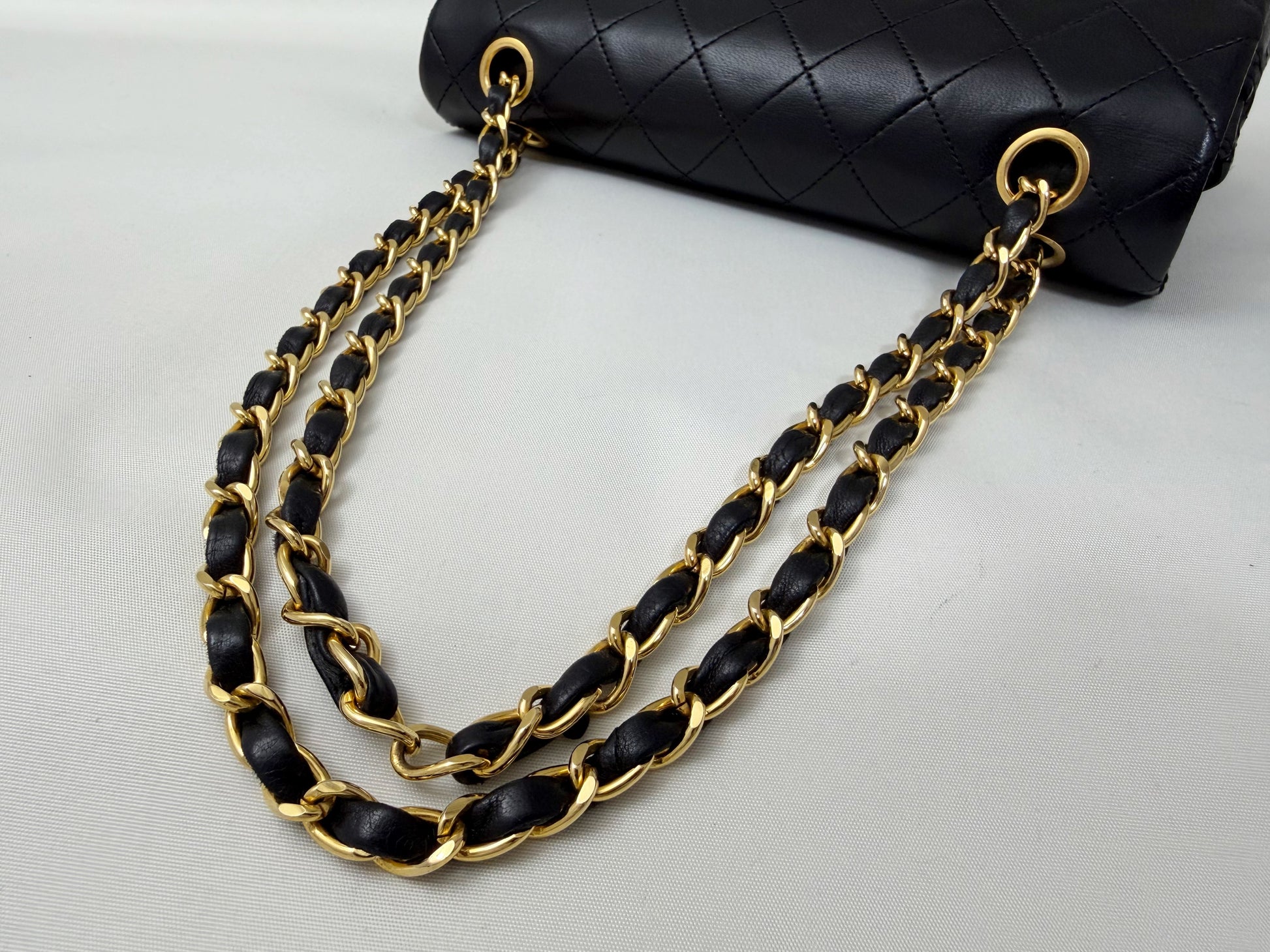 CHANEL Matelasse 23 Lambskin Double Flap Double Chain Black Shoulder Bag