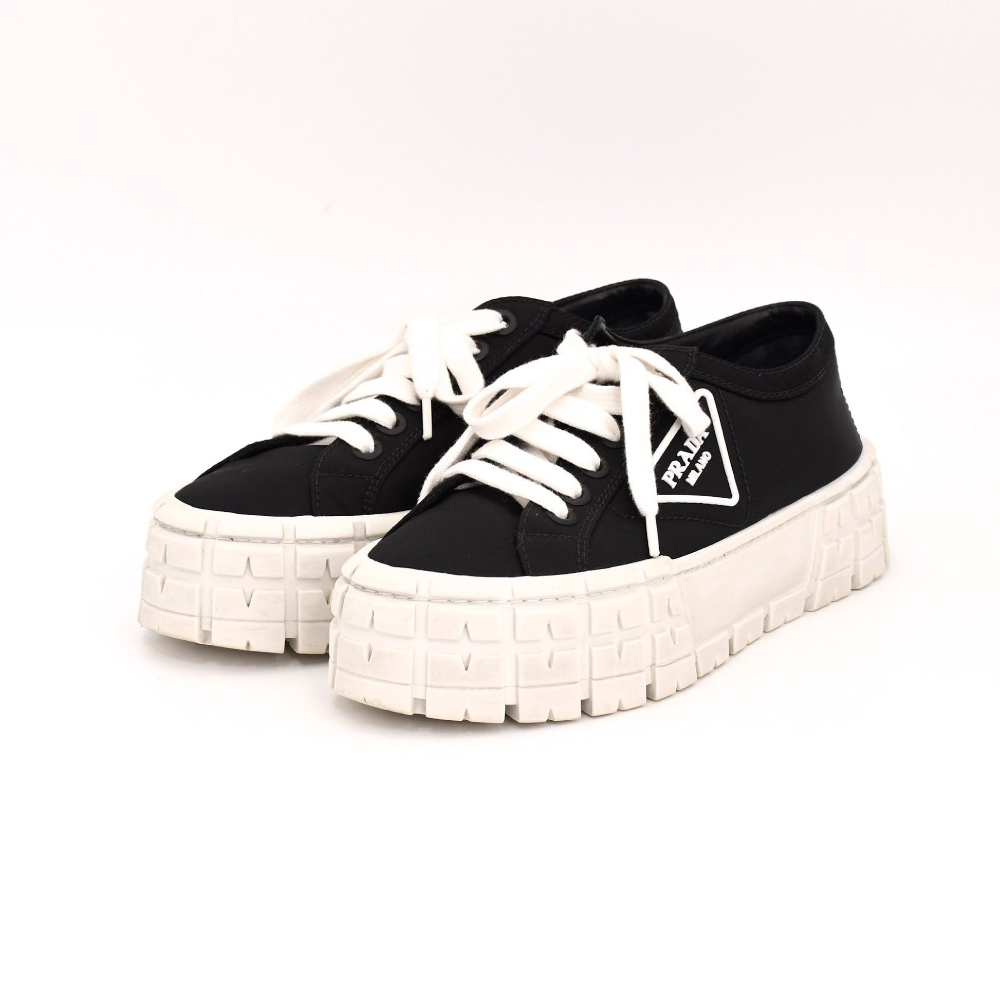 PRADA Prada Re-Nylon Gabardine Fabric Sneakers, Size 38, Women's, Black, Double Wheel Triangle Logo Sneakers