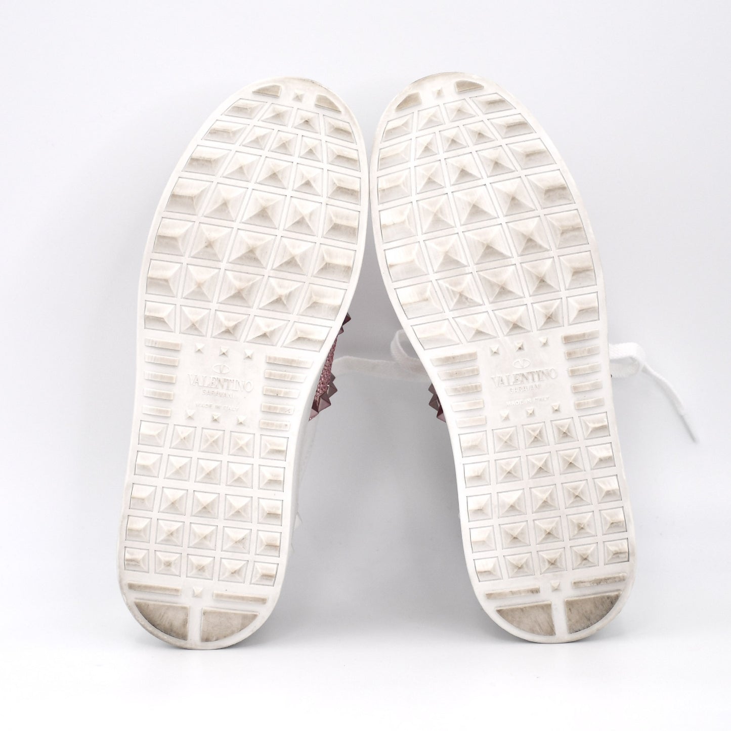 VALENTINO Valentino Garavani Rockstud Leather and Suede Sneakers, Size 34, Women's, White and Pink, S3GG8W0, Rhinestones, Replacement Laces Included