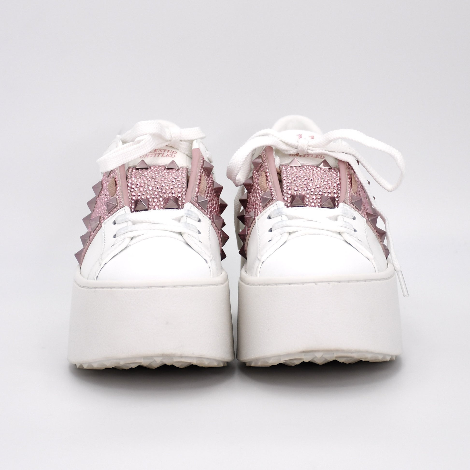VALENTINO Valentino Garavani Rockstud Leather and Suede Sneakers, Size 34, Women's, White and Pink, S3GG8W0, Rhinestones, Replacement Laces Included