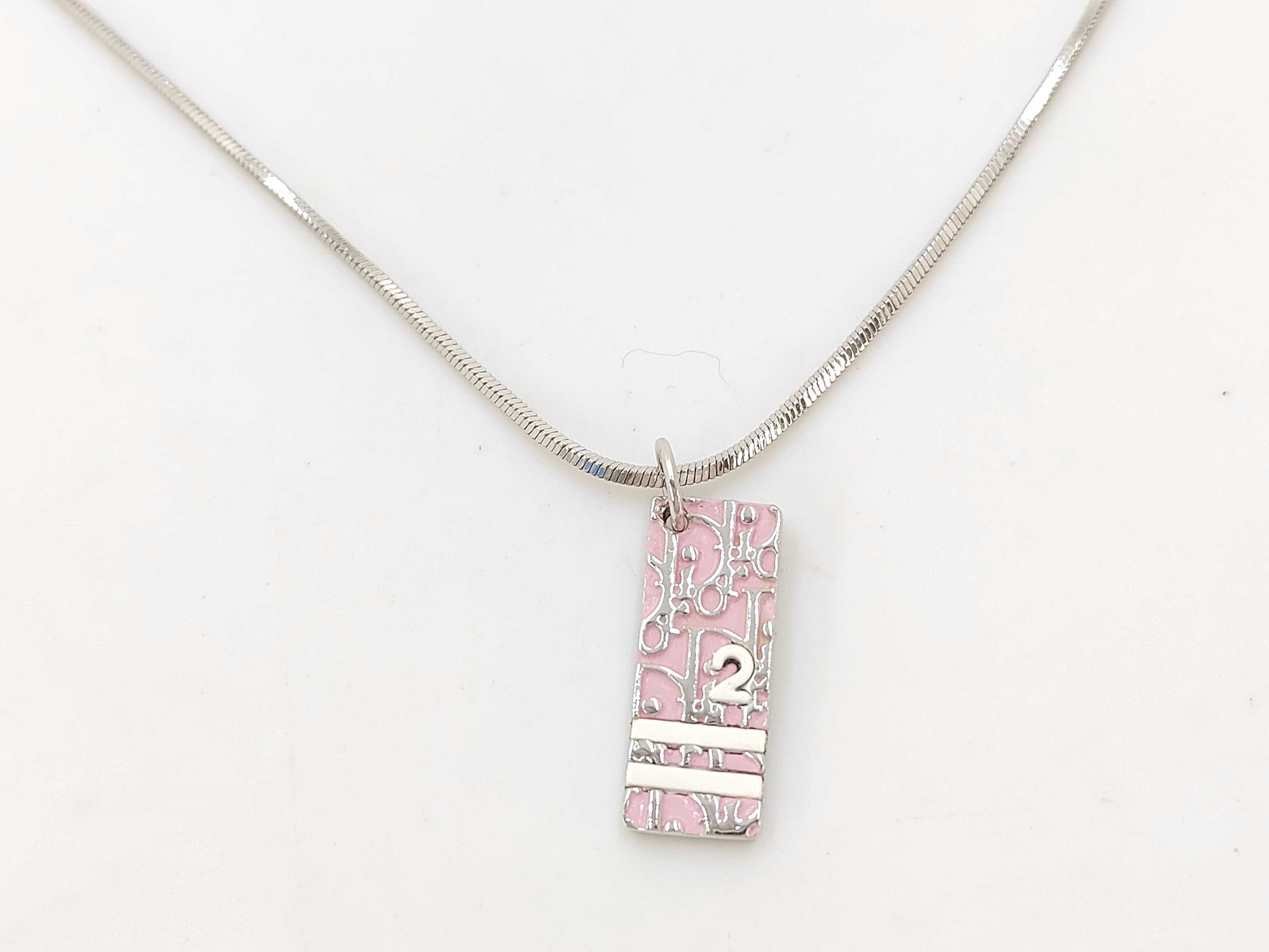 Dior Christian Dior Silver Trotter Plate Pink Necklace