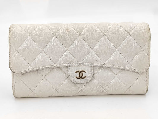 CHANEL Matelasse Coco Mark Caviar Leather Long Wallet with Random Serial Number, White