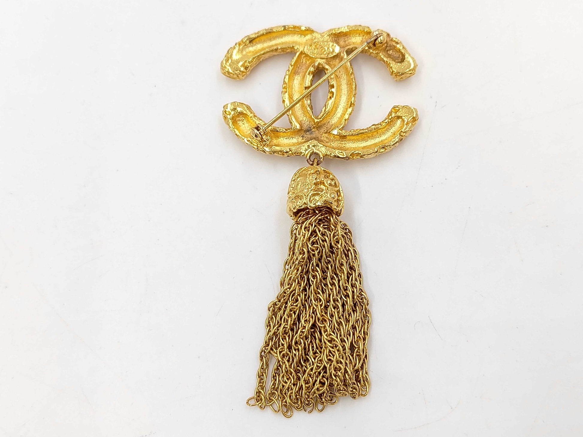CHANEL Vintage Coco Mark Lava Tassel Fringe 93A Metal Brooch with Tag