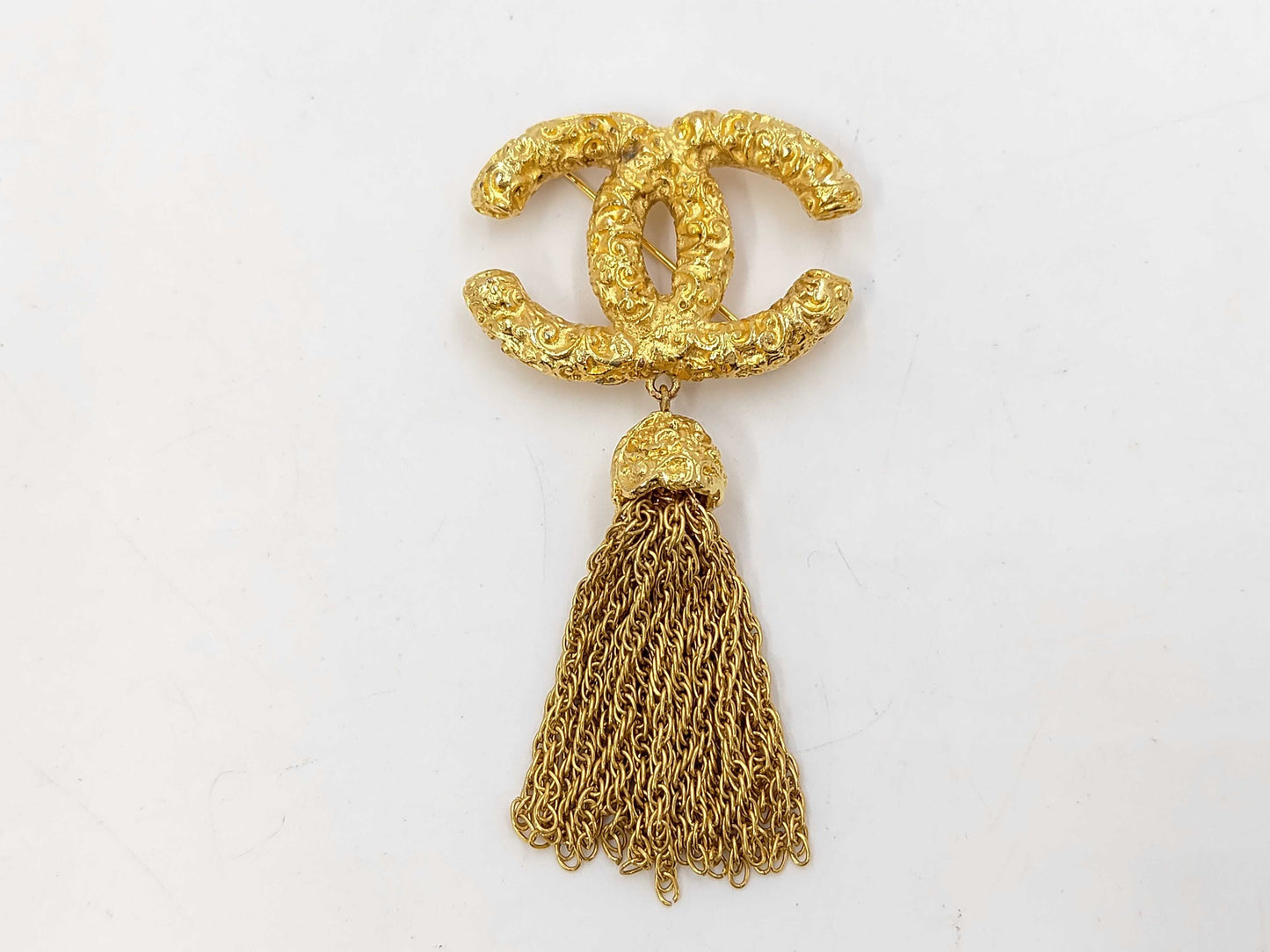 CHANEL Vintage Coco Mark Lava Tassel Fringe 93A Metal Brooch with Tag