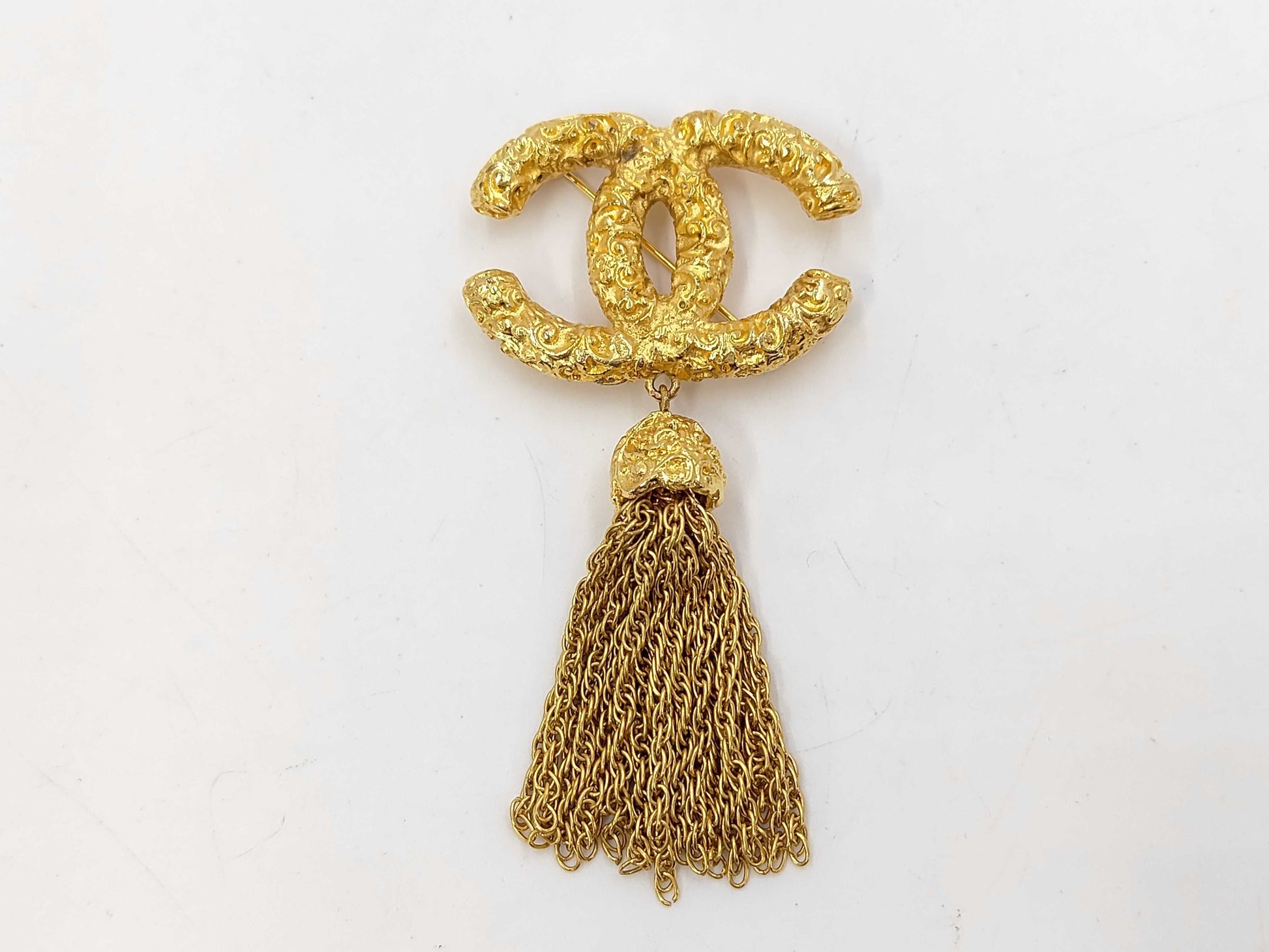 CHANEL Vintage Coco Mark Lava Tassel Fringe 93A Metal Brooch with Tag