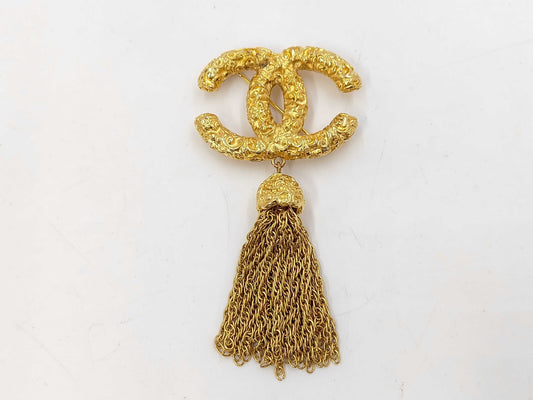 CHANEL Vintage Coco Mark Lava Tassel Fringe 93A Metal Brooch with Tag
