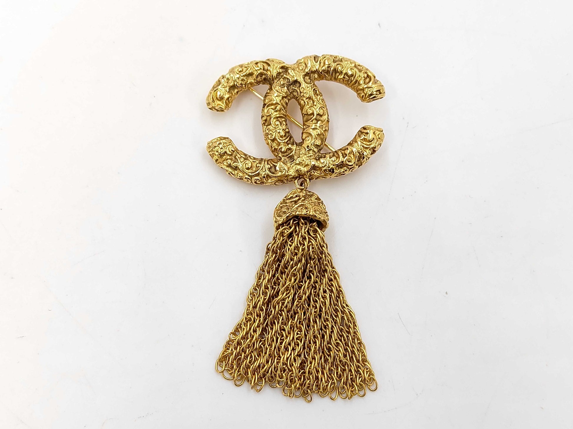 CHANEL Vintage Coco Mark Lava Tassel Fringe 93A Metal Brooch with Tag
