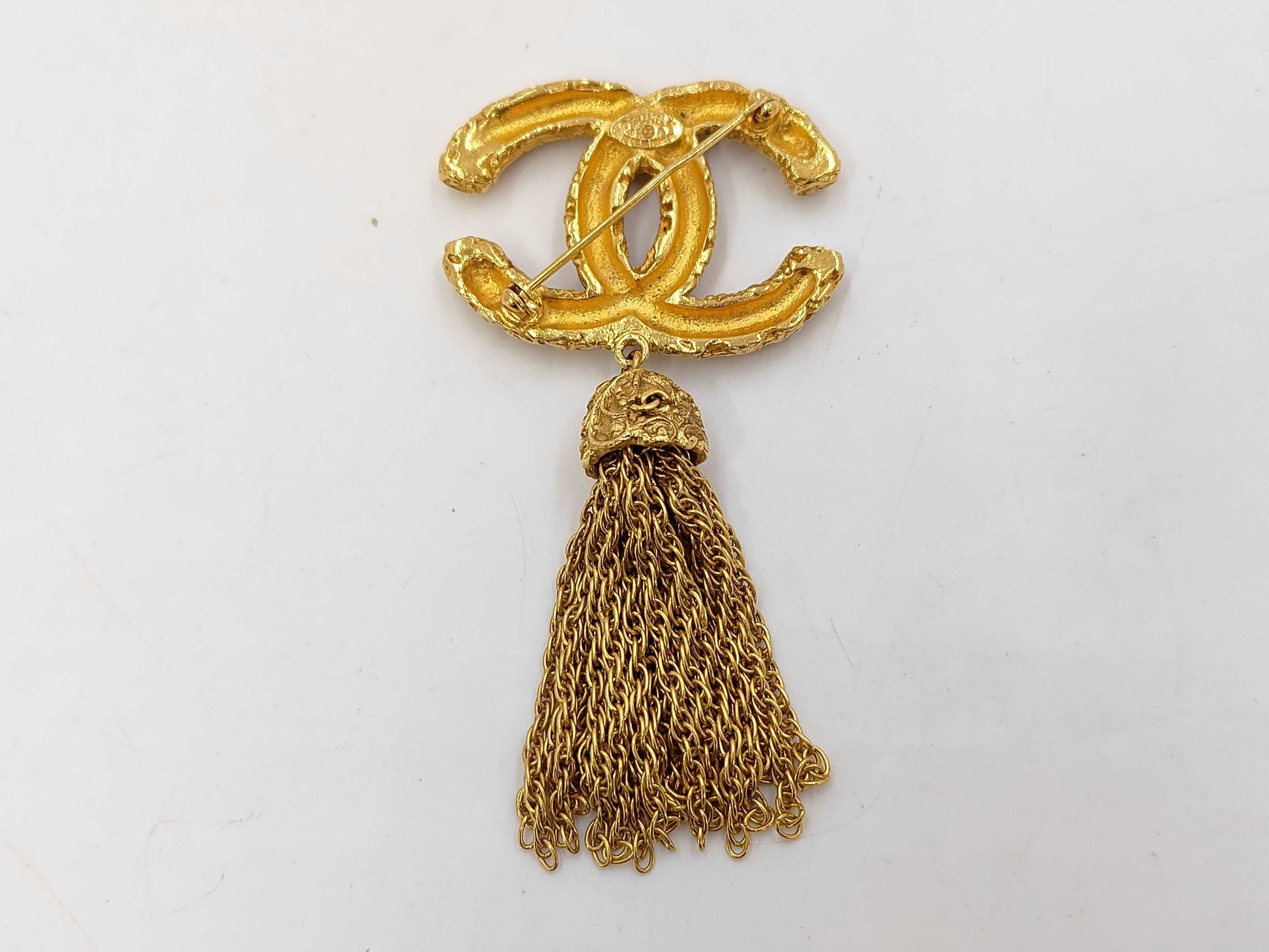 CHANEL Vintage Coco Mark Lava Tassel Fringe 93A Metal Brooch with Tag