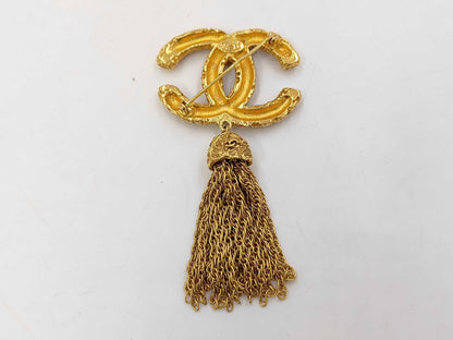 CHANEL Vintage Coco Mark Lava Tassel Fringe 93A Metal Brooch with Tag