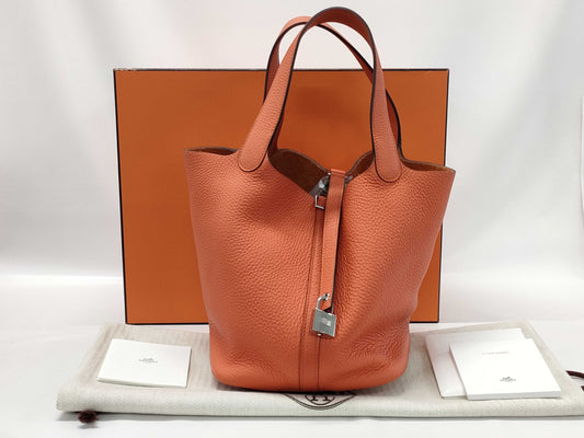 HERMES Picotin MM Handbag in Orange with Silver Hardware and Y Stamp