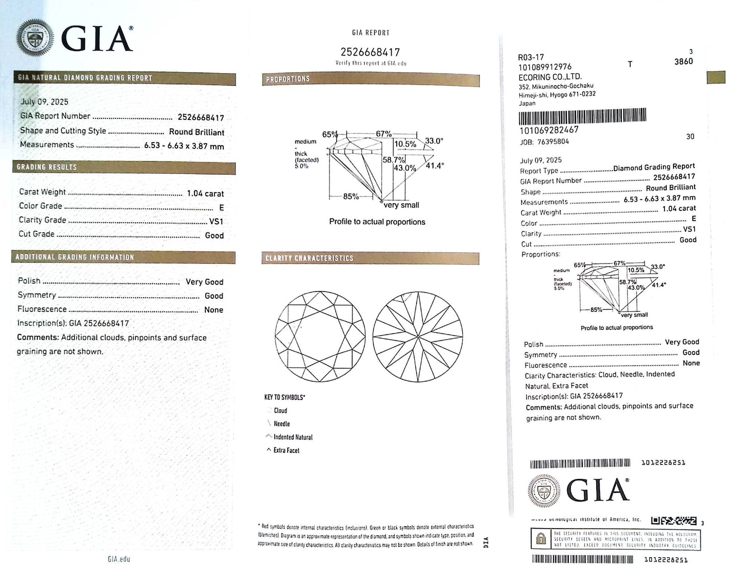 1.04ct E VS-1 GOOD/VG/GD NONE NATURAL 6.53-6.63X3.87mm GIA Diamond Loose