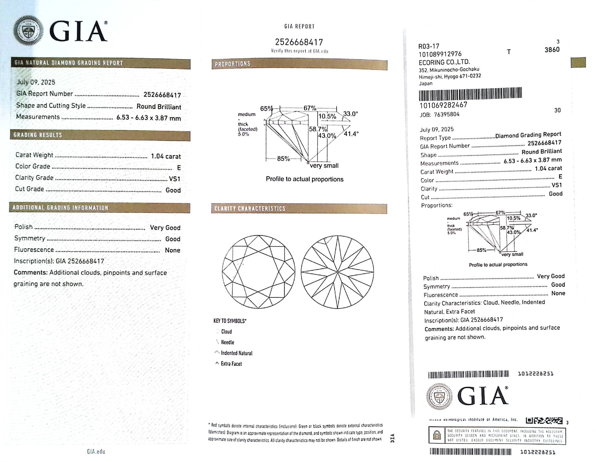 1.04ct E VS-1 GOOD/VG/GD NONE NATURAL 6.53-6.63X3.87mm GIA Diamond Loose