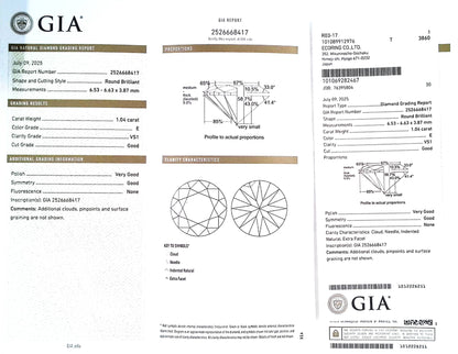 1.04ct E VS-1 GOOD/VG/GD NONE NATURAL 6.53-6.63X3.87mm GIA Diamond Loose