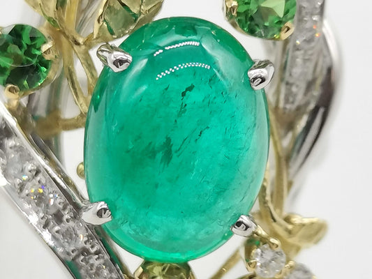 Cabochon E3.78ct, Colored Stone Multi D0.18ct, PT900/K18, 12.8g Ring 