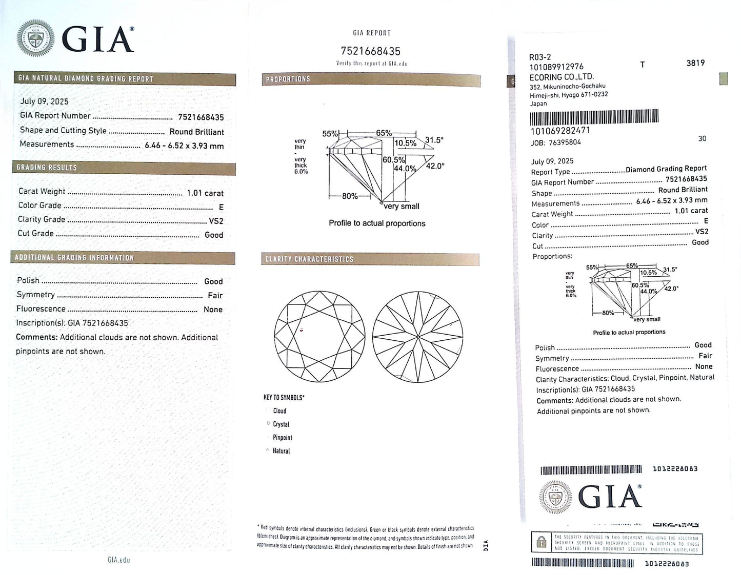 1.01ct E-VS-2 GOOD/GD/FR NONE NATURAL 6.46-6.52X3.93mm GIA Loose Diamond